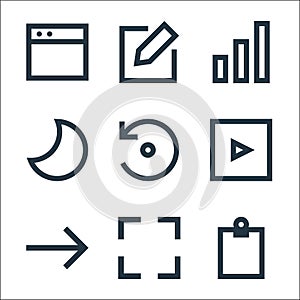 user interface line icons. linear set. quality vector line set such as clipboard, full screen, foward, video player, reload, night