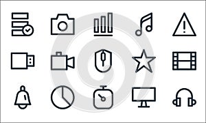 User interface line icons. linear set. quality vector line set such as headphones, stopwatch, bell, desktop computer, pie chart,