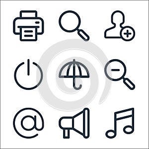 user interface line icons. linear set. quality vector line set such as music note, marketing, at, zoom out, umbrella, power, add