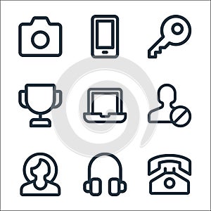 User interface line icons. linear set. quality vector line set such as phone, headphone, female, block user, laptop, trophy, key,