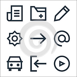 user interface line icons. linear set. quality vector line set such as play, car, email, foward, brightness, pencil, document