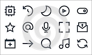 user interface line icons. linear set. quality vector line set such as refresh, chat, calendar, melody, foward, star, full screen