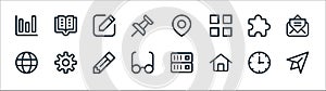 User interface line icons. linear set. quality vector line set such as send, home, eye glass, globe, puzzle, edit, location, book