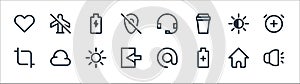 user interface line icons. linear set. quality vector line set such as sound, battery, login, crop, contrast, battery, contact us