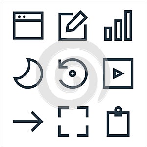 user interface line icons. linear set. quality vector line set such as clipboard, full screen, foward, video player, reload, night photo