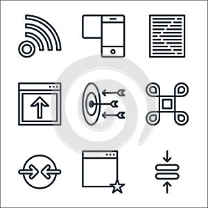 user interface line icons. linear set. quality vector line set such as compress, favorite, compress, voicemail, target, upload,