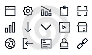 user interface line icons. linear set. quality vector line set such as hyperlink, report, globe, user, bars, video player,