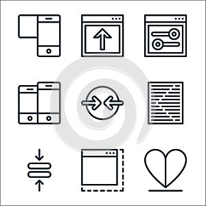 User interface line icons. linear set. quality vector line set such as like, browser, compress, menu, compress, mobile, option,