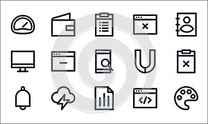 user interface line icons. linear set. quality vector line set such as paint, report, alarm, web page, cloud, computer, magnet,