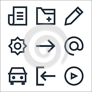 user interface line icons. linear set. quality vector line set such as play, car, email, foward, brightness, pencil, document photo
