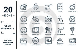 user.interface linear icon set. includes thin line download data, mechanic tool, mouse clicker, curve arrow, reload webpage,