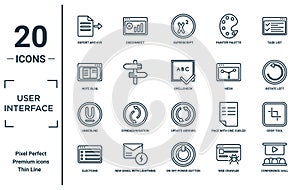 user.interface linear icon set. includes thin line export archive, note blog, underline, elections, conference hall, spellcheck,