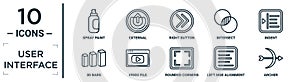 user.interface linear icon set. includes thin line spray paint, right button, indent, video file, left side alignment, archer, 3d