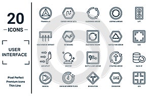 user.interface linear icon set. includes thin line triangular, rear window defrost, air outlet, musical, uce, clockwise drawn