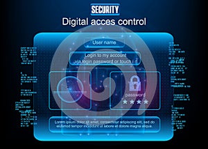 User interface for login. Holographic login window with password or touch ID. Authenticated panel for secure entry. Security code photo