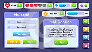 User interface for mobile game, app. UI Kit of icons, progress bars, buttons, pop-ups. Menus, indicators and rewards in