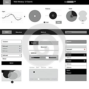 User interface mockup features buttons, sliders, dropdowns, and charts. Elements ar