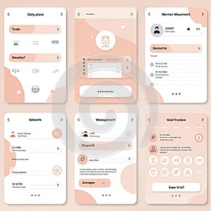 User interface mockups of a mobile app featuring six screens with a pink and white