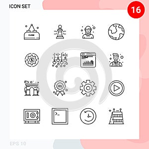 User Interface Pack of 16 Basic Outlines of globe, worker, game, woman, employee
