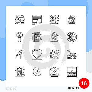 User Interface Pack of 16 Basic Outlines of mushroom, tea, website, hot, firehouse