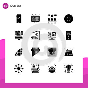 User Interface Pack of 16 Basic Solid Glyphs of broadcast, plug, live, electric, clock