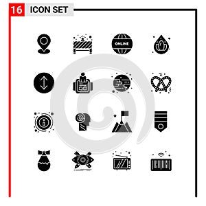 User Interface Pack of 16 Basic Solid Glyphs of hand watch, arrows, business, droop, water