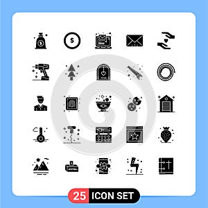 User Interface Pack of 25 Basic Solid Glyphs of construction, hands, email, care, message