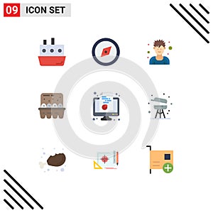 User Interface Pack of 9 Basic Flat Colors of computer, ingredients, athlete, eggs, baking