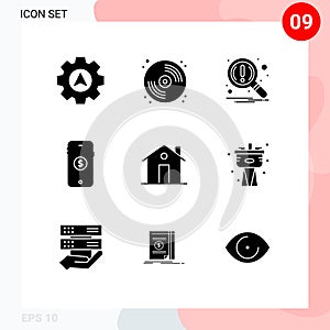 User Interface Pack of 9 Basic Solid Glyphs of entrance, building, magnifier, online, market