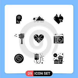 User Interface Pack of 9 Basic Solid Glyphs of heart, birds, tree, arbor, ecommerce