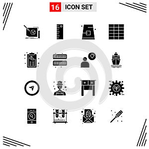 User Interface Pack of 16 Basic Solid Glyphs of hand, bill, autumn, wireframe, hat