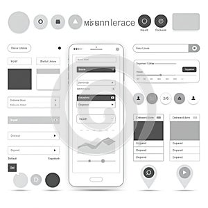 User interface (UI) design template featuring a minimalist style in grayscale.