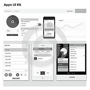 User Interface (UI) kit design showcases various mobile application elements.