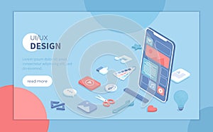 User Interface UI and User Experience UX design. Interface construction. Mobile application, program development. Isometric