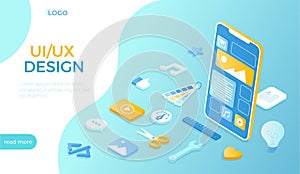User Interface and User Experience design UI UX. Interface construction. Mobile application, program development. Isometric vector