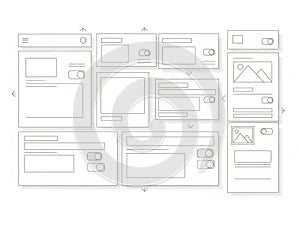 User interface wireframe layout design with multiple panels and elements