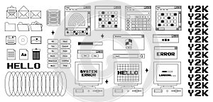 User Interface y2k stickers. Retro icon browser, buttons, screen computer, folder, file, document thumbnails, loading