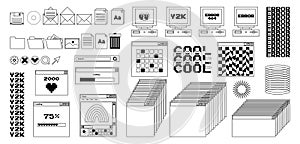 User Interface y2k stickers. Retro icon browser, buttons, screen computer, folder, file, document thumbnails, loading