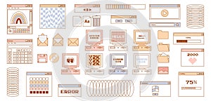 User Interface y2k stickers. Retro icon browser, buttons, screen computer, folder, file, document thumbnails, loading