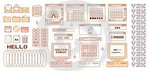 User Interface y2k stickers. Retro icon browser, buttons, screen computer, folder, file, document thumbnails, loading