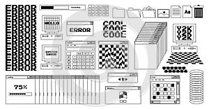 User Interface y2k stickers. Retro icon browser, buttons, screen computer, folder, file, document thumbnails, loading