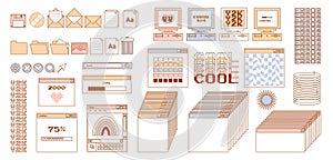 User Interface y2k stickers. Retro icon browser, buttons, screen computer, folder, file, document thumbnails, loading