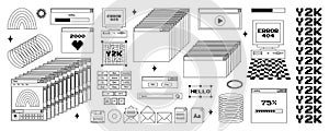 User Interface y2k stickers. Retro icon browser, buttons, screen computer, folder, file, document thumbnails, loading