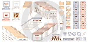 User Interface y2k stickers. Retro icon browser, buttons, screen computer, folder, file, document thumbnails, loading