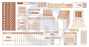 User Interface y2k stickers. Retro icon browser, buttons, screen computer, folder, file, document thumbnails, loading