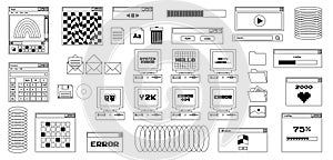 User Interface y2k stickers. Retro icon browser, buttons, screen computer, folder, file, document thumbnails, loading