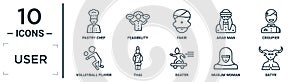 user linear icon set. includes thin line pastry chef, fakir, croupier, thai, muslim woman, satyr, volleyball player icons for