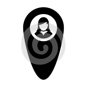 User location icon vector female person profile avatar with map marker pin symbol in flat color glyph pictogram