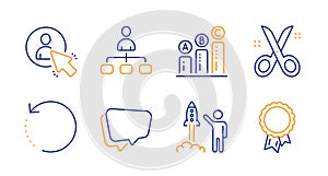 User, Management and Launch project icons set. Scissors, Speech bubble and Graph chart signs. Vector