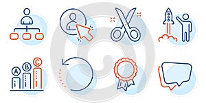 User, Management and Launch project icons set. Scissors, Speech bubble and Graph chart signs. Vector